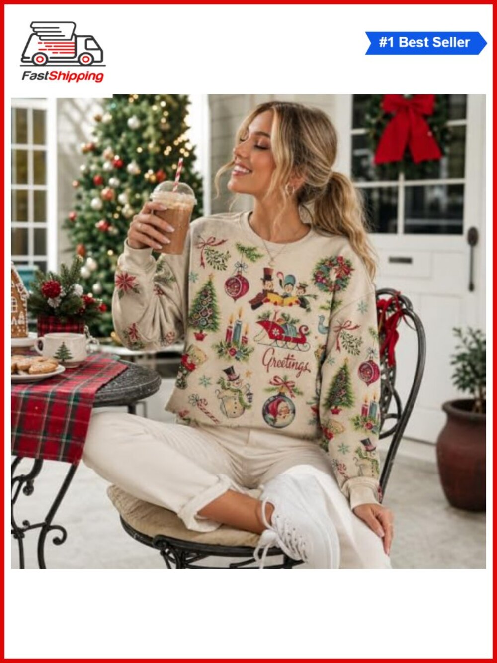 🎅 Women Christmas Cartoon Print Crew Neck Long Sleeve Lightweight Sweatshirt - Picture 4 of 6